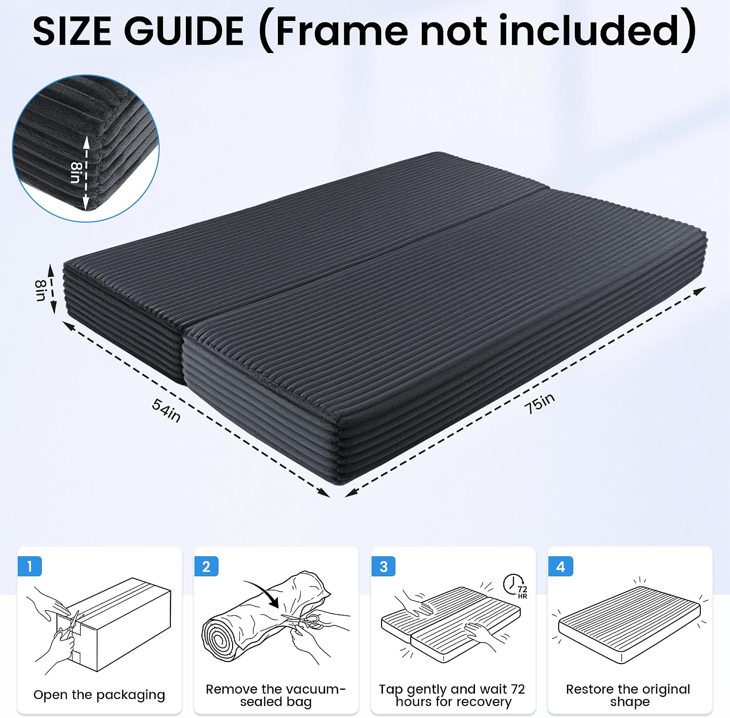 HOMBYS 8 Inch Memory Foam Futon Mattress Full Size, Split Foldable Futons Sofa Couch Bed Floor Mattress, Convertible Sofa Bed Mattress Fits Most Daybed and Futon Frames, 75" x 54"(Frame Not Included)