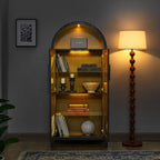 Tall Arched Cabinet with Doors, Black Arch Bookcase Shelves Led Lights, Wooden Pantry Storage Cabinet with Adjustable Glass Partitions for Kitchen Dining Room (Black)