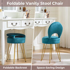 Velvet Teal Small Vanity Chair & Stool - 13" Dx13 W Folding Back Storage Ottoman, Anti-Slip Golden V-Leg for Bedroom Makeup Room