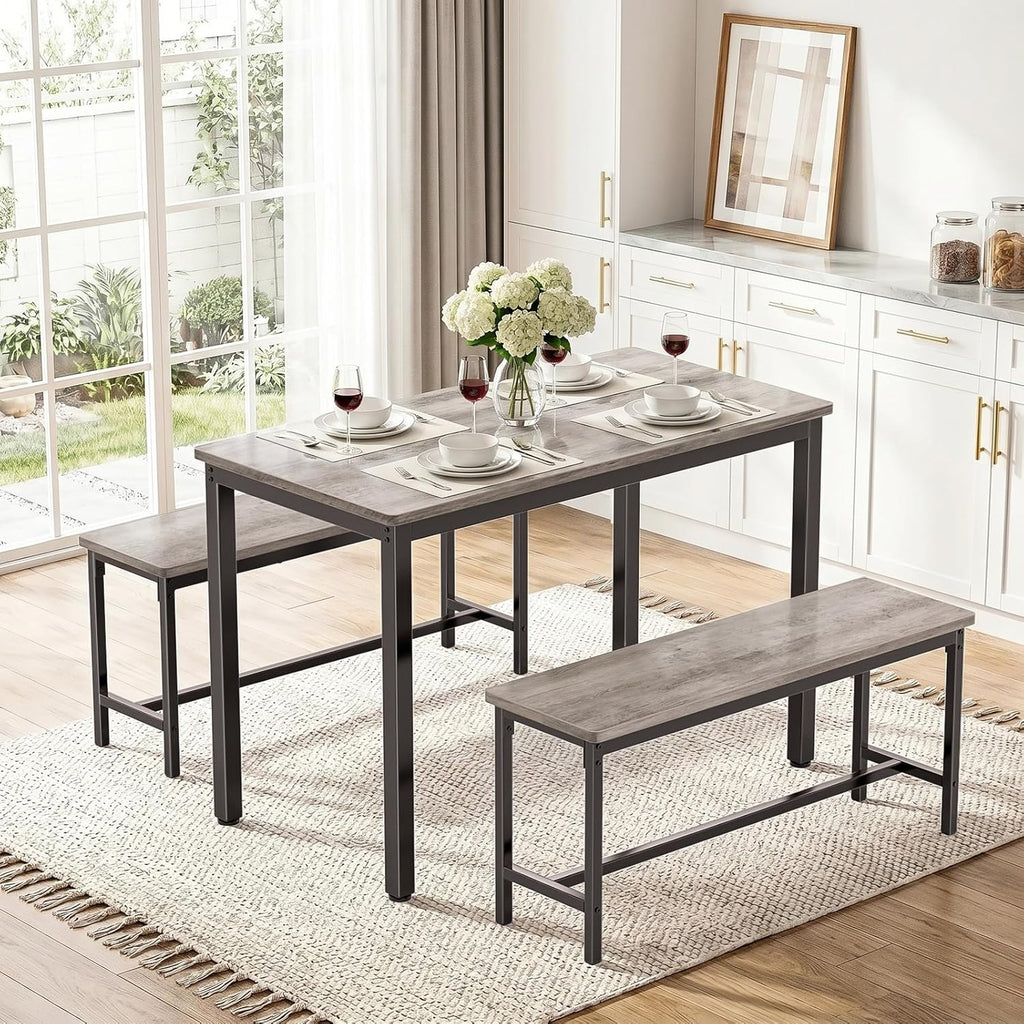 Dining Table Set for 4, Kitchen Table with 2 Benchs, Modern Functional 3-Piece Dining Room Table for Apartment Breakfast Nook and Samll Space, Grey