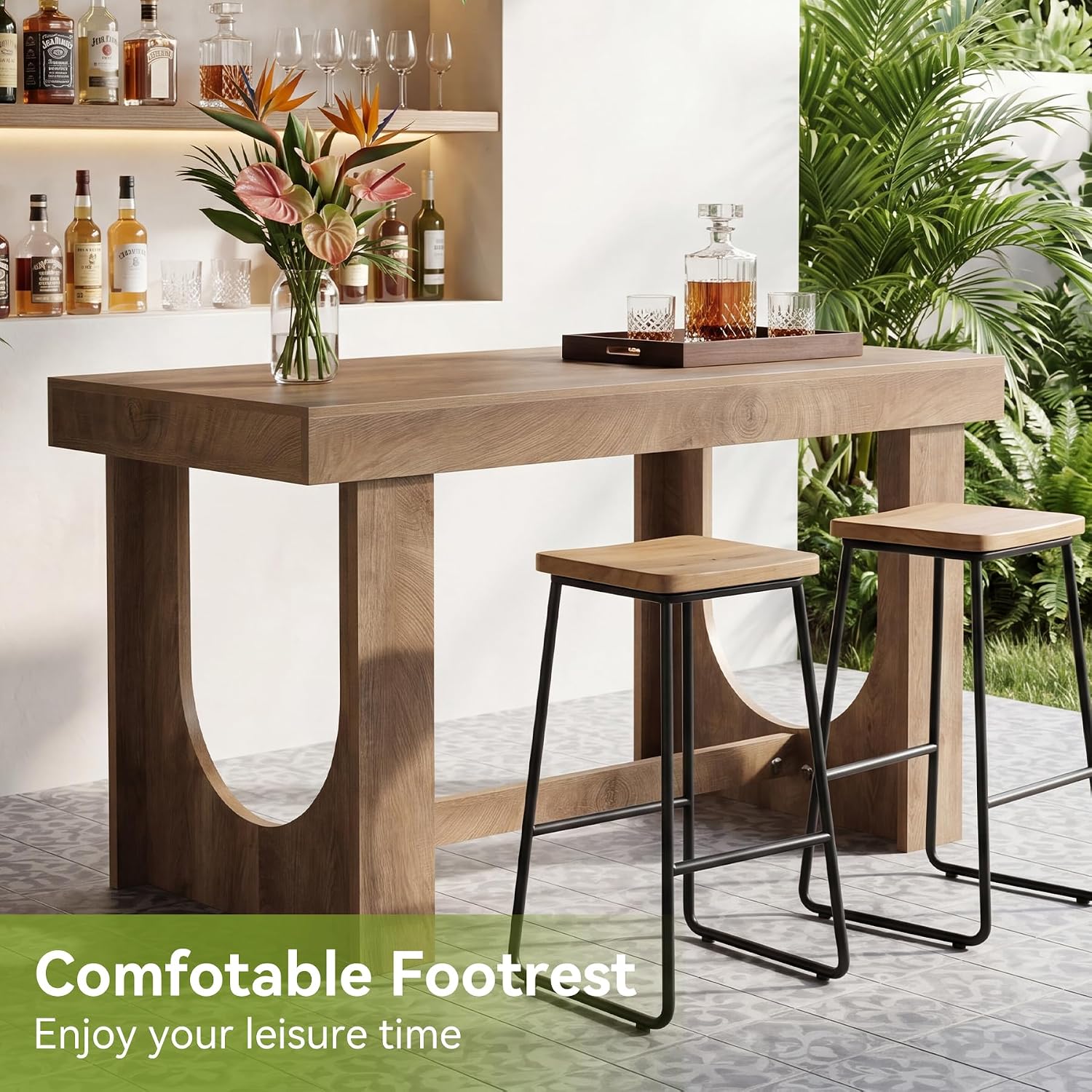 LITTLE TREE 63" Bar Table, Large Wood Home Bar Unit, Rectangular Dining Pub Table with Footrest for Home Kitchen, Dining Room, Living Room, Bistro, Brown
