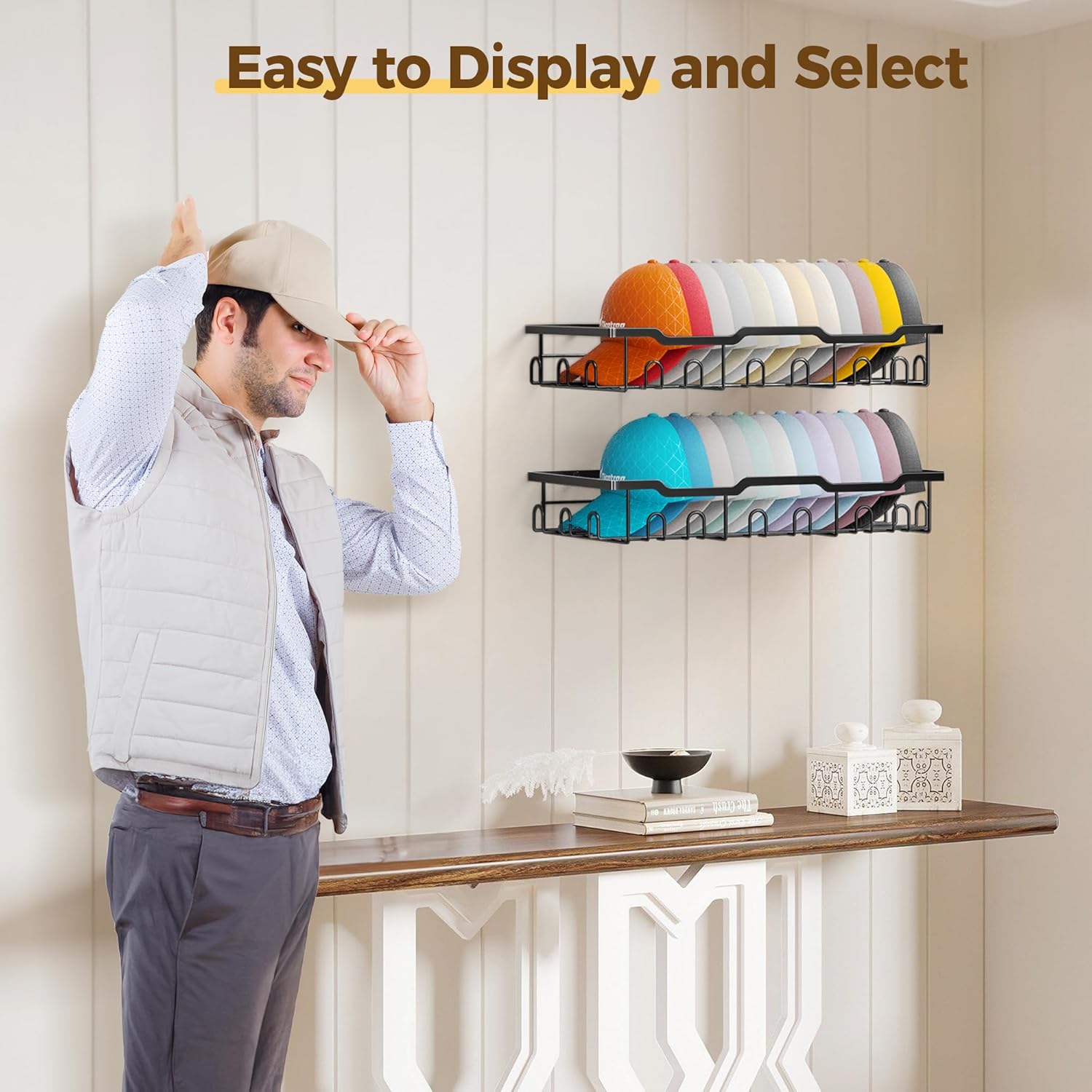 Nicetree Hat Rack for Wall - 2 Pack Metal Hat Organizer for Baseball Caps - Heavy Duty Wall Mounted Baseball Cap Organizer and Hat Storage for Closet Wall or Bedroom - Holds 48 Caps,Black