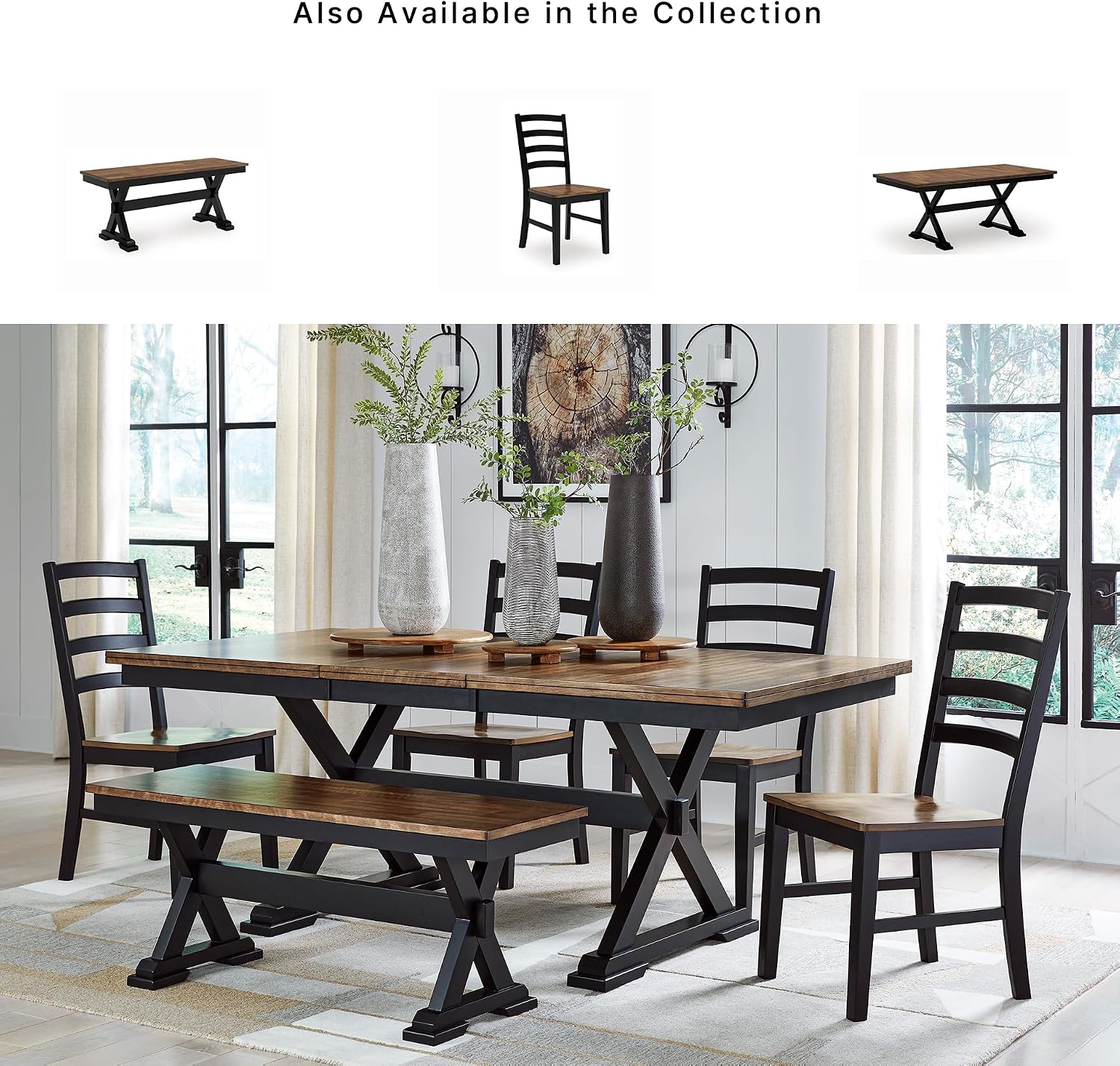 Signature Design by Ashley Wildenauer Dining Bench, 48 Inch Farmhouse Two Tone Wooden Seating with Solid Wood Frame, Mango Veneer and MDF Substrate Seat, Casual Entryway or Kitchen Use, Brown/Black