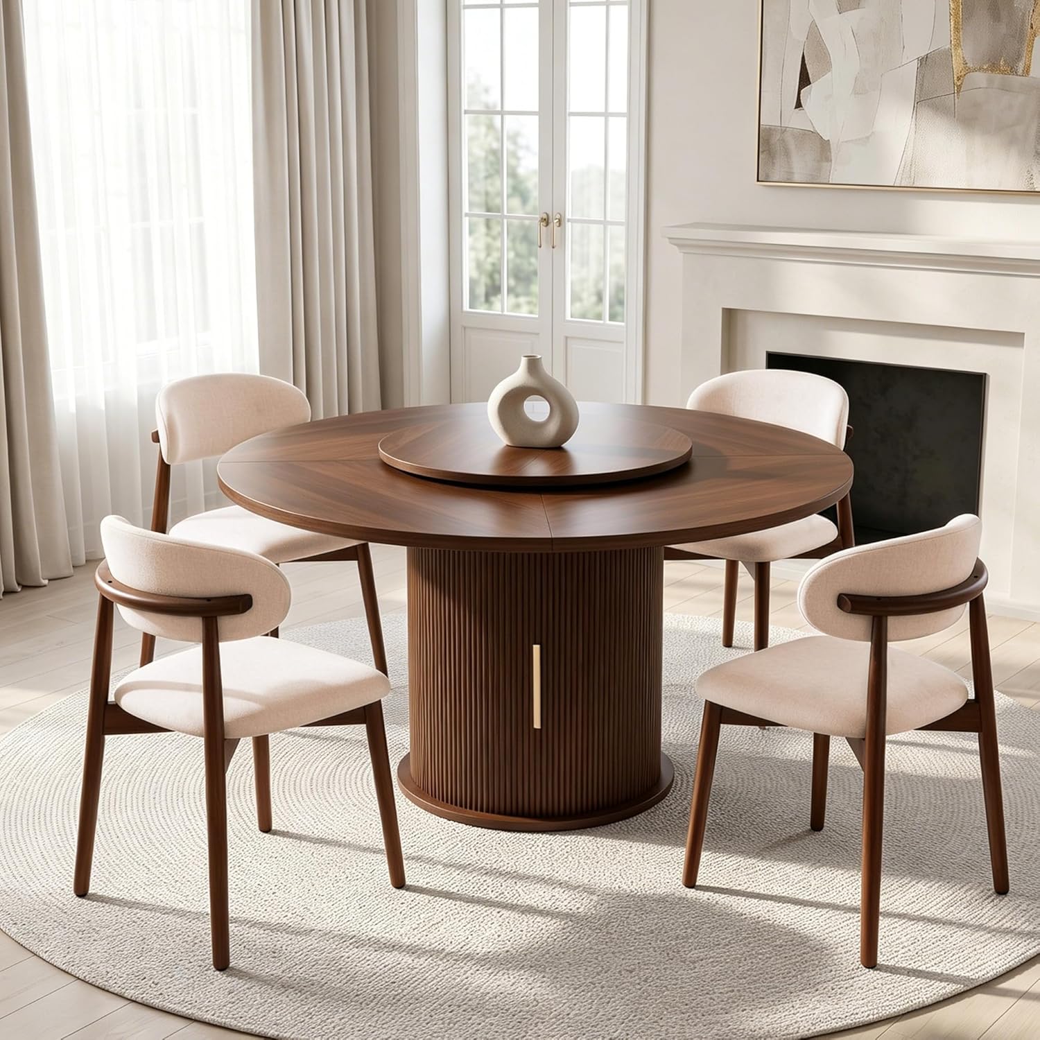 55.1” Round Dining Table Set for 6, Modern Kitchen Table Equipped with Storage Compartments and Sliding Doors, 7 Pieces Dining Table Chairs Set for Kitchen, Living Room (Walnut)