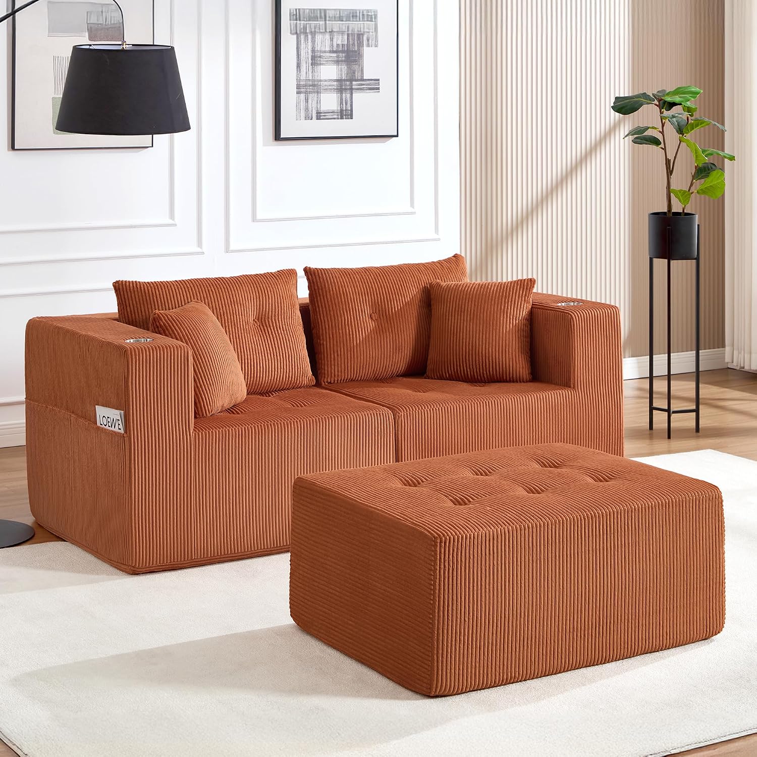 73" Loveseat Modular Sectional Sofa, Oversized 2-Seater Boneless Tufted Cloud Couch with Cup Holder and Movable Ottoman, Corduroy Upholstery Small Couches for Living Room, No Assembly Orange