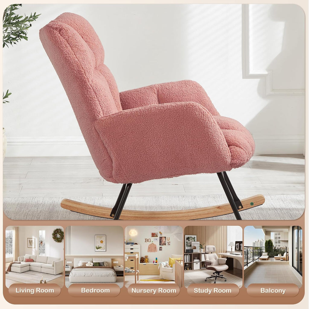Setawix Upholstered Rocking Chair with Arms for Nursery,Tufted Rocker Glider Chairs,Teddy Fabric Rocking Armchair,Mid Century Modern Accent Chairs for Living Room,Bedroom (Teddy Pink, 27.2")