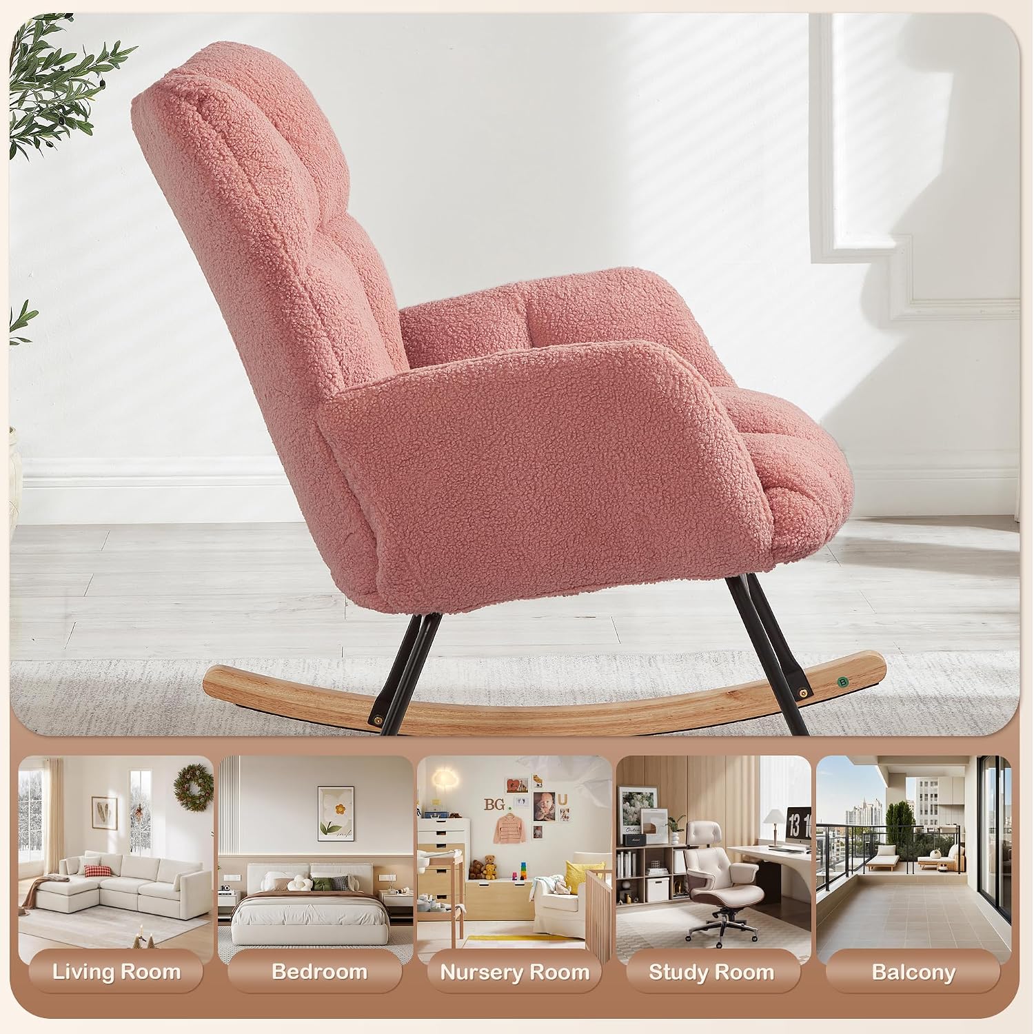 Setawix Upholstered Rocking Chair with Arms for Nursery,Tufted Rocker Glider Chairs,Teddy Fabric Rocking Armchair,Mid Century Modern Accent Chairs for Living Room,Bedroom (Teddy Pink, 27.2")