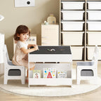 Kinder King Kids Wood Table & 2 Chairs Set, 4 in 1 Children Activity Table w/Double Bookcase, Blackboard, Toddler Furniture Set for Art, Crafts, Drawing, Reading, Playroom, Grey