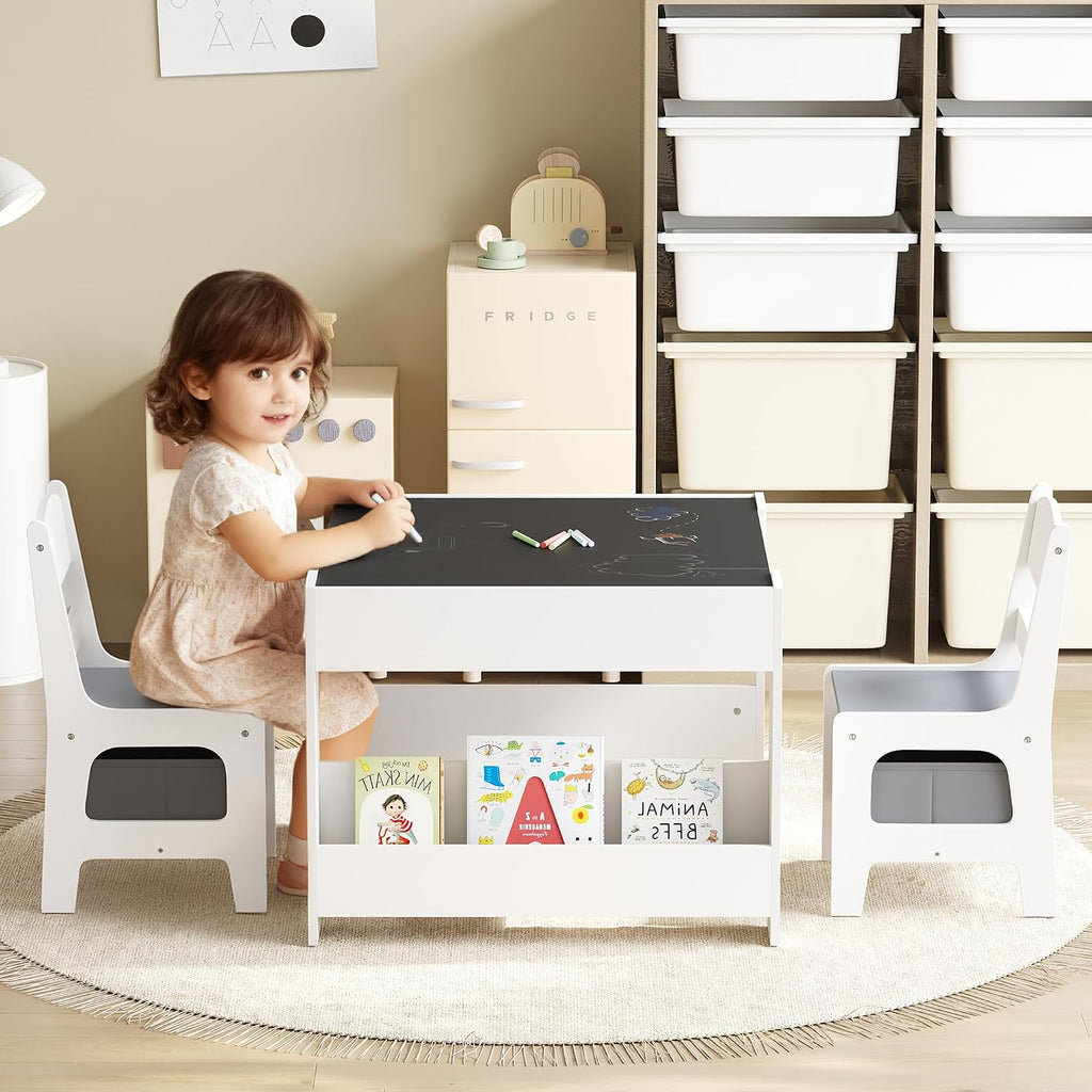 Kinder King Kids Wood Table & 2 Chairs Set, 4 in 1 Children Activity Table w/Double Bookcase, Blackboard, Toddler Furniture Set for Art, Crafts, Drawing, Reading, Playroom, Grey