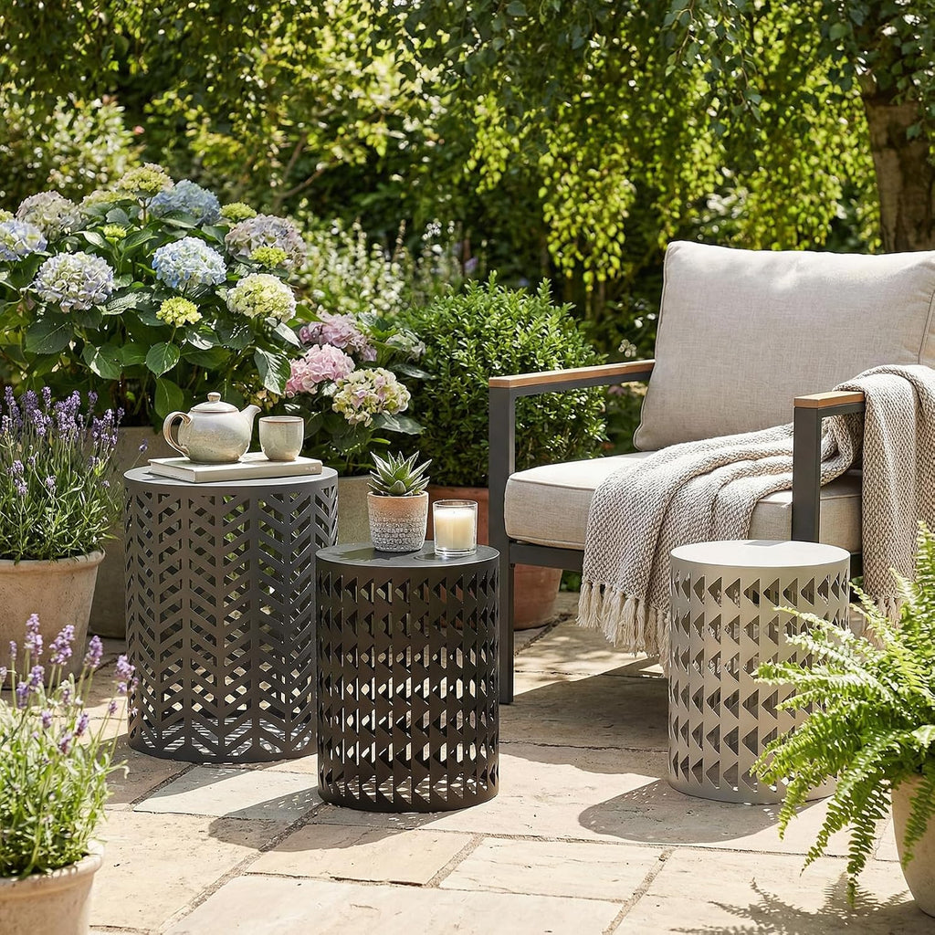 Outdoor Side Table, Outdoor Nesting Tables Set of 3, Patio Side Table End Table for Outside Living Room Balcony Garden Outdoor Indoor (Black & Gray)