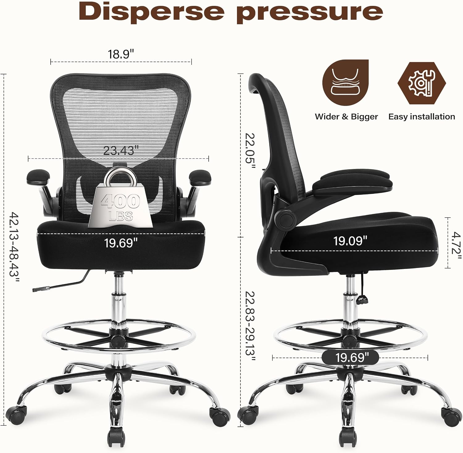 400LBS Drafting Chair, Tall Office Chair with Adjustable Lumbar Support&Footrest Ring, Comfy Extra Deep W-Shape Thicken Cushion, Breathable Mesh Standing High Desk Chair with Padded Flip-up Armrests