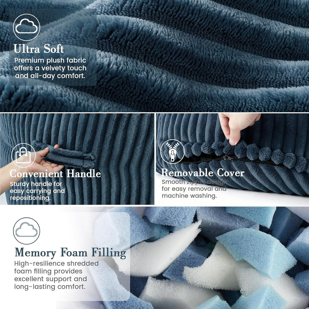 4FT Bean Bag Chairs for Adults, Large Memory Foam Beanbags with Machine-Washable Wide Stripe Plush Cover Bean Bag Chair for Living Room Bedroom Dorm Office- Dusty Blue