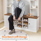 HOOBRO Hall Tree with Bench and Shoe Storage, 51" Entryway Bench with Coat Rack, Farmhouse Entryway Organizer with 5 Hooks, 8 Open Compartments, 9 Shoe Cubbies, for Hallway, White and Walnut WH180MT01