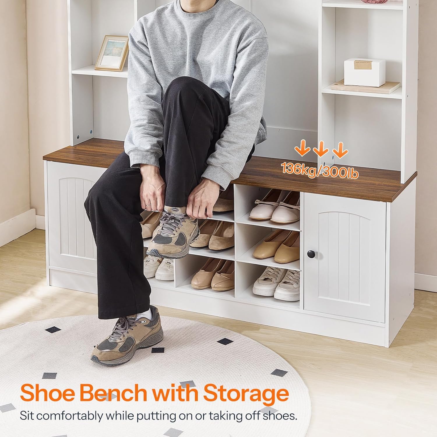 HOOBRO Hall Tree with Bench and Shoe Storage, 51" Entryway Bench with Coat Rack, Farmhouse Entryway Organizer with 5 Hooks, 8 Open Compartments, 9 Shoe Cubbies, for Hallway, White and Walnut WH180MT01