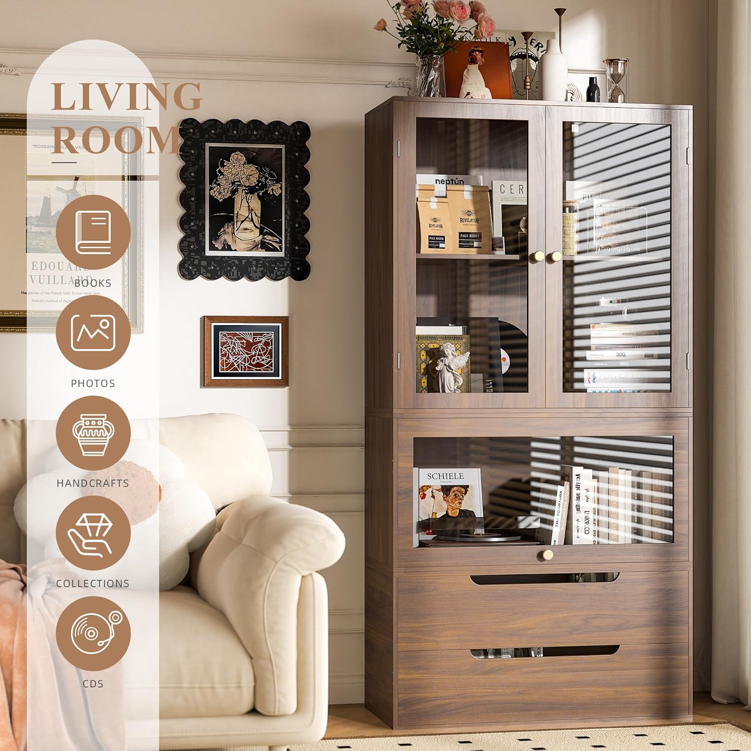 DIY Storage Cabinet 63'' Walnut - Glass Doors & Drawers Sideboard Buffet, Modern Coffee Bar for Living Room Kitchen Dining Entryway (Easy Assembly, Anti-Tip)