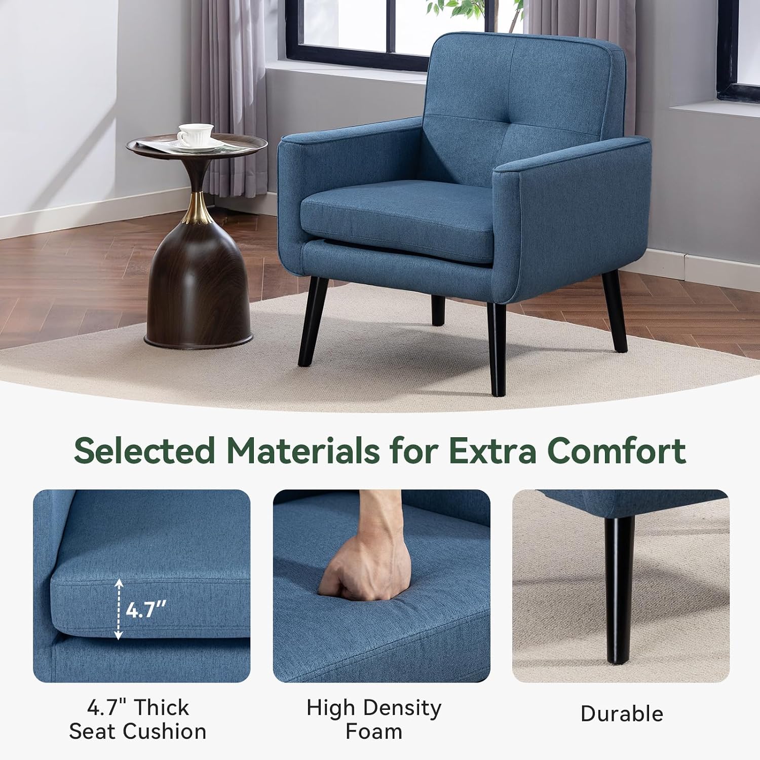 Vogue Furniture Direct Mid Century Accent Chair, Fabric Modern Chair with Wooden Frame, Cozy Armchair Reading Chair with Comfy Back for Apartment, Living Room, Bedroom, Small Space, Corner, Blue