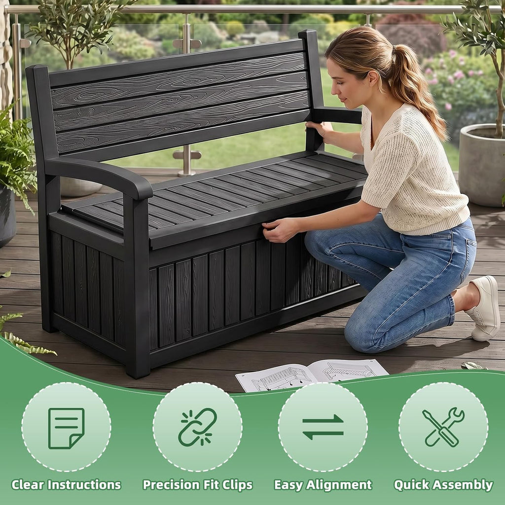 80Gal Resin Outdoor Deck Storage Bench, Lockable Waterproof UV Protected Patio Box, Weatherproof Porch Pool Garden Furniture for Yard Tools & Seat Cushions, Black