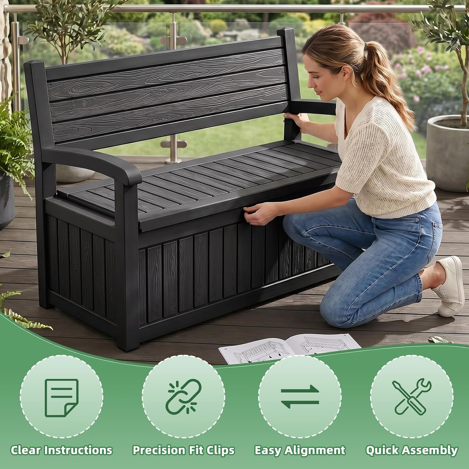 80Gal Resin Outdoor Deck Storage Bench, Lockable Waterproof UV Protected Patio Box, Weatherproof Porch Pool Garden Furniture for Yard Tools & Seat Cushions, Black