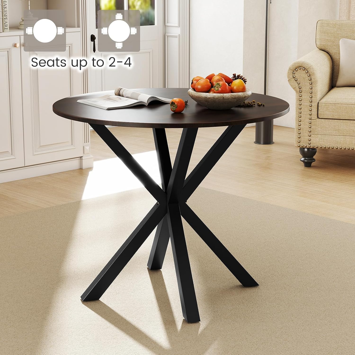 Tangkula 36" Round Dining Table, Mid-Century Modern Kitchen Table with Rubber Wood Legs, Vintage Table with Pedestal Base & Adjustable Foot Pads, Side Table for Home, Office, Bar (Rustic Brown+Black)