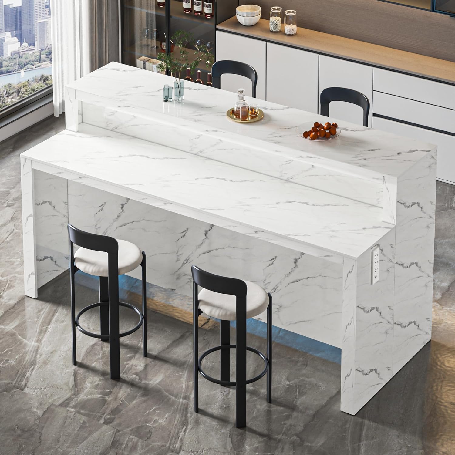 71" Large Faux Marble Dining Table with LED Lights, Modern Rectangle Kitchen Island Table with Charging Station for 6 People, Home Bar Unit with 2-Tier Shelf for Dining Room, Bar, Living Room, White
