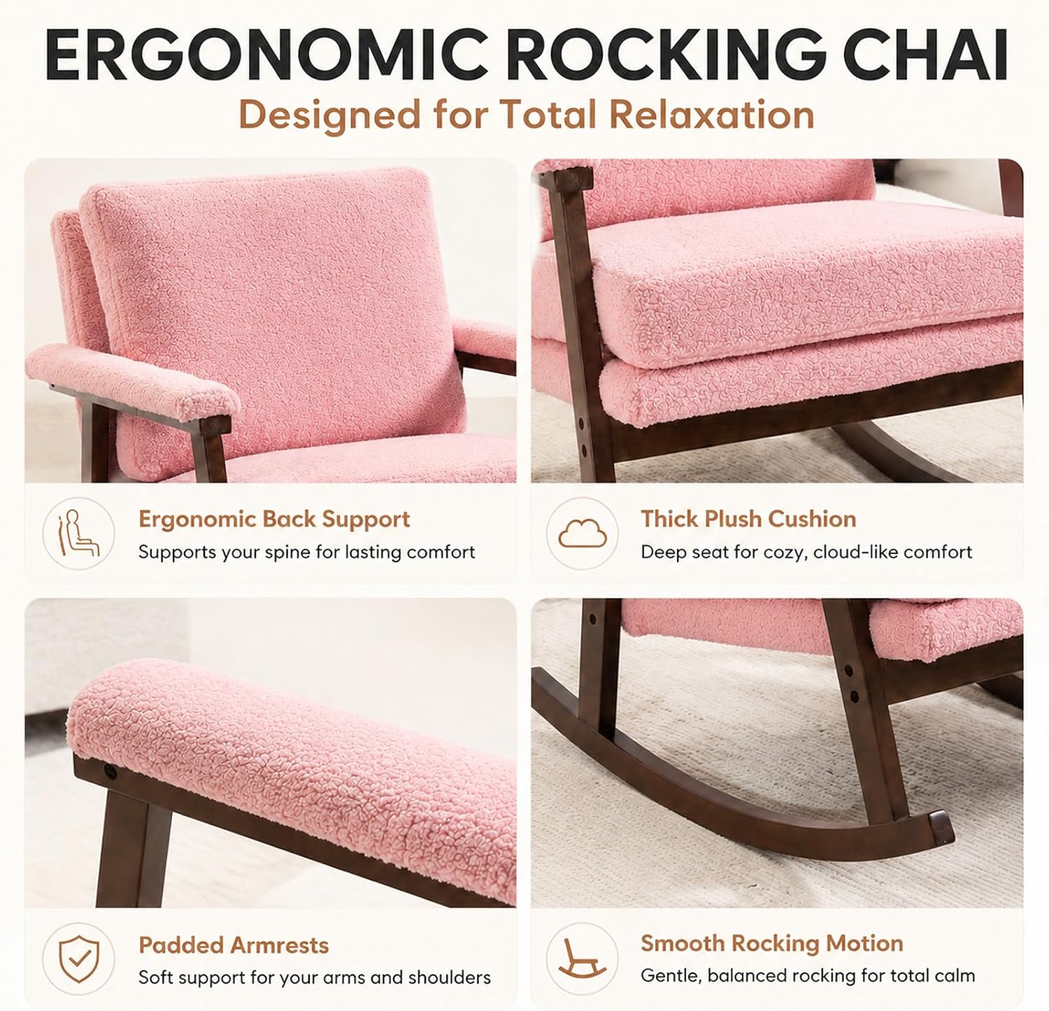 Nursery Rocking Chair, Pink Teddy Fabric Upholstered Rocking Accent Chair with Solid Wood Frame, High-Density Foam Cushion, Comfy Reading Armchair for Bedroom Nursery
