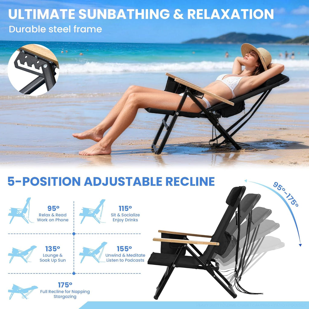 Premium Portable Camping Chair 5-Position Recliner Beach Folding Lightweight Outdoor Chair with Wooden Armrests, Headrest, Multi-Pockets Heavy Duty 350lbs, for Patio, Backyard, Black