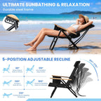 Premium Portable Camping Chair 5-Position Recliner Beach Folding Lightweight Outdoor Chair with Wooden Armrests, Headrest, Multi-Pockets Heavy Duty 350lbs, for Patio, Backyard, Black