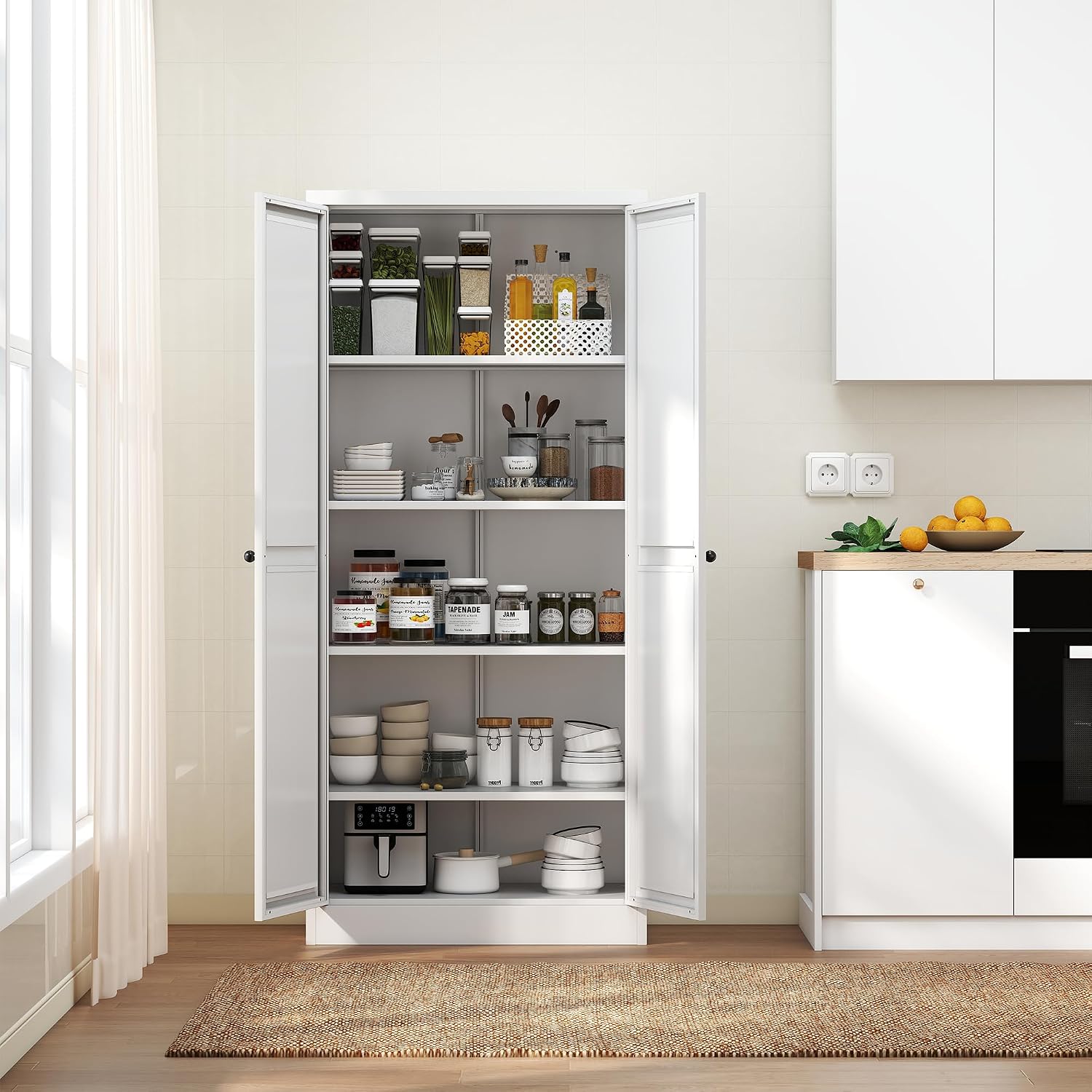 61'' White Metal Kitchen Pantry Cabinet - Heavy-Duty 4-Shelf Storage (110lb Capacity), Freestanding Organizer with Magnetic Door, Adjustable Leveling Feet, Tool-Free Assembly for Kitchen & Living Room