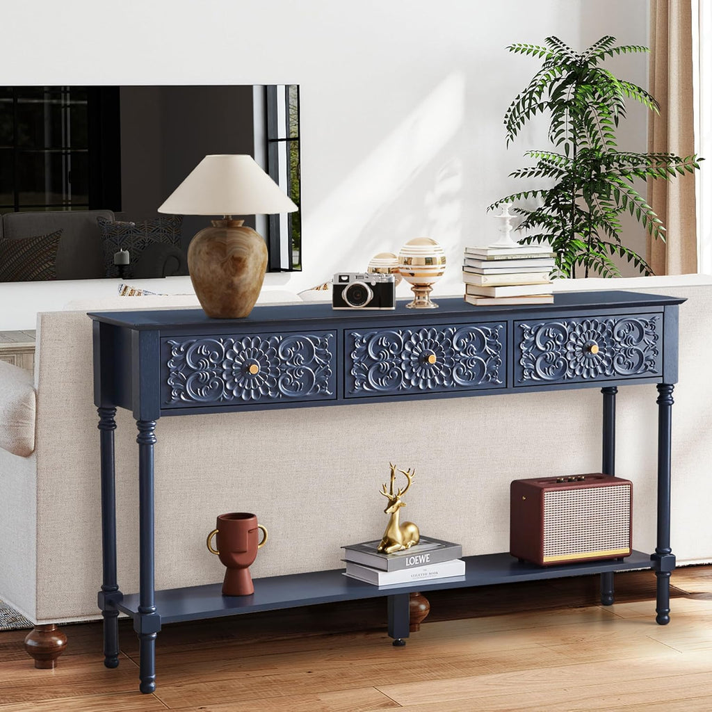 weselon 55.5" Carved Console Table with 3 Drawers, 2-Tier Sofa Table with Glossy Floral Surface and Solid Wood Legs, Mid-Century Modern Entryway Table for Living Room Hallway (Midnight Blue)