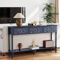 weselon 55.5" Carved Console Table with 3 Drawers, 2-Tier Sofa Table with Glossy Floral Surface and Solid Wood Legs, Mid-Century Modern Entryway Table for Living Room Hallway (Midnight Blue)