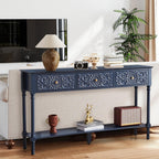 weselon 55.5" Carved Console Table with 3 Drawers, 2-Tier Sofa Table with Glossy Floral Surface and Solid Wood Legs, Mid-Century Modern Entryway Table for Living Room Hallway (Midnight Blue)