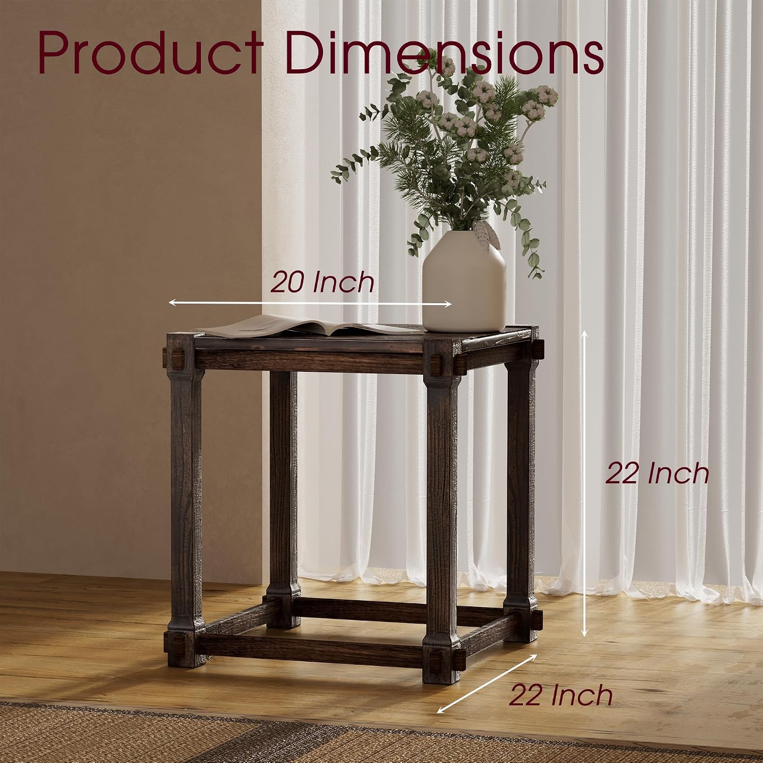Vintage Aged Solid Wood Side Table Mortise and Tenon Construction Wear-Resistant Top Sturdy Legs Accent Table for Living Room Bedroom 20"×22"×22"