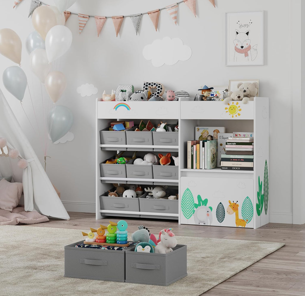 BOTLOG Kids Bookshelf with Fabric Bins and Movable Toy Chest, Toy Storage Organizer for Kids, Toddler Montessori Bookshelf for Nursery, Playroom, Kindergarten