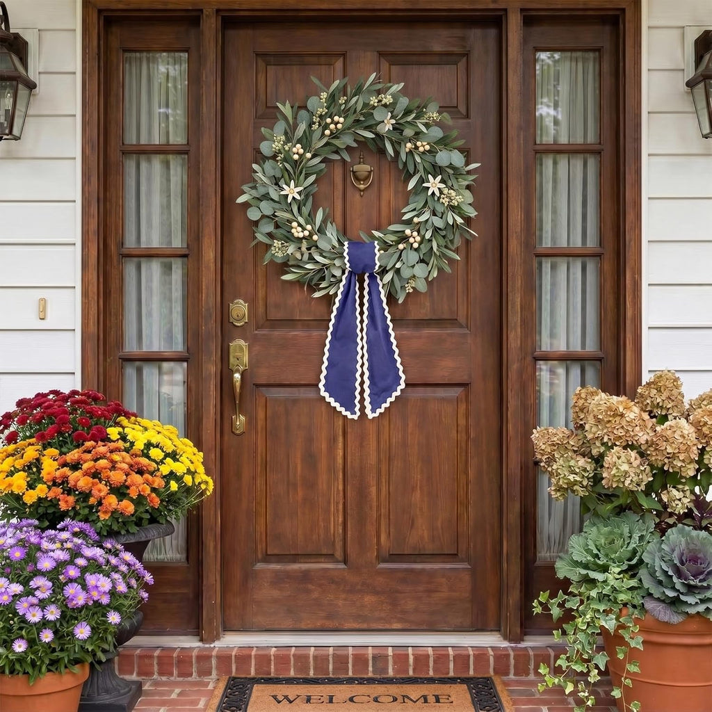Wreath Sash for Front Door Blue Cotton Wreaths Satin Sash Burlap Garland Ribbon Accessories for Wreath Yard Doorway Indoor Outdoor Bow Bridal Shower Home Decor,5.11 x 55.1
