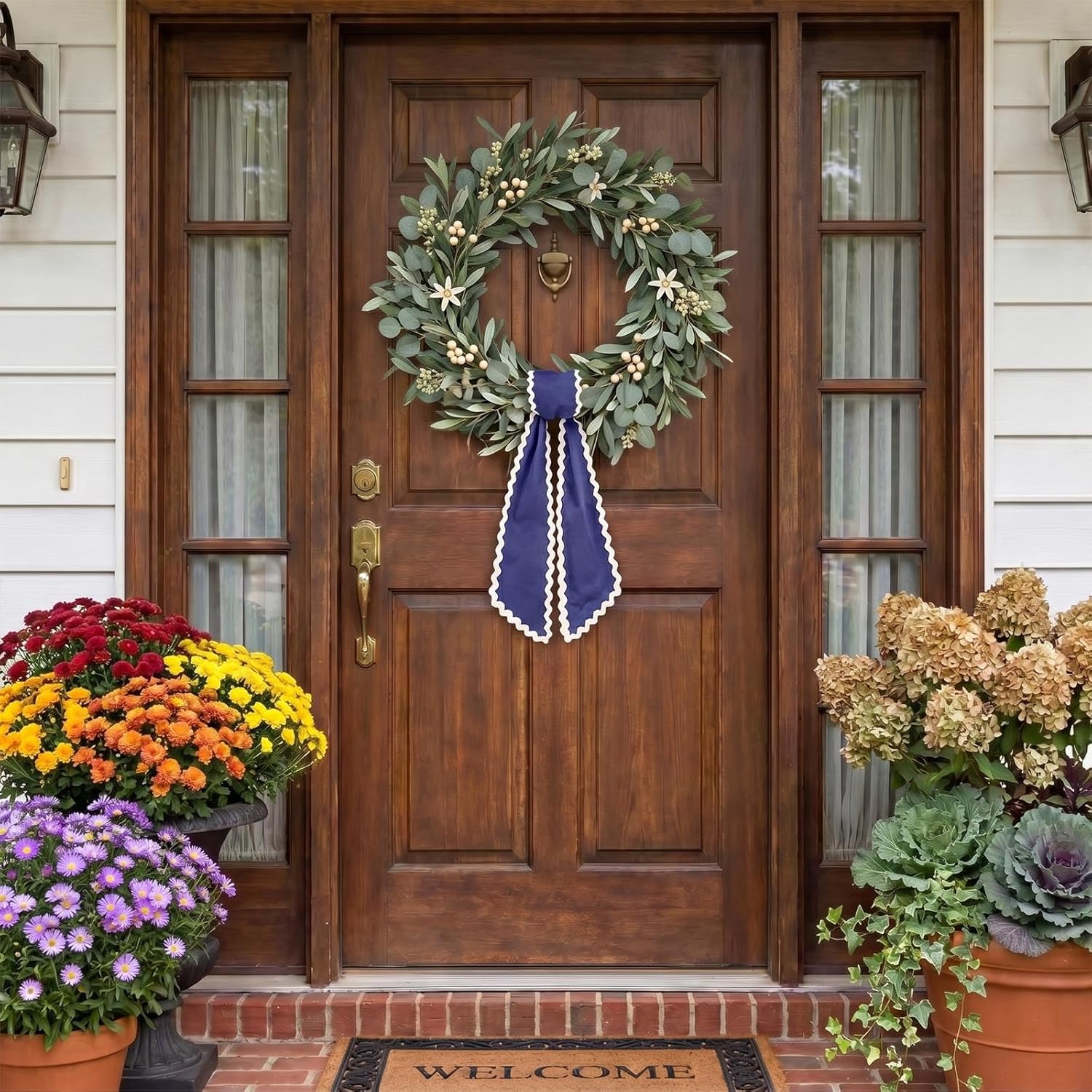 Wreath Sash for Front Door Blue Cotton Wreaths Satin Sash Burlap Garland Ribbon Accessories for Wreath Yard Doorway Indoor Outdoor Bow Bridal Shower Home Decor,5.11 x 55.1