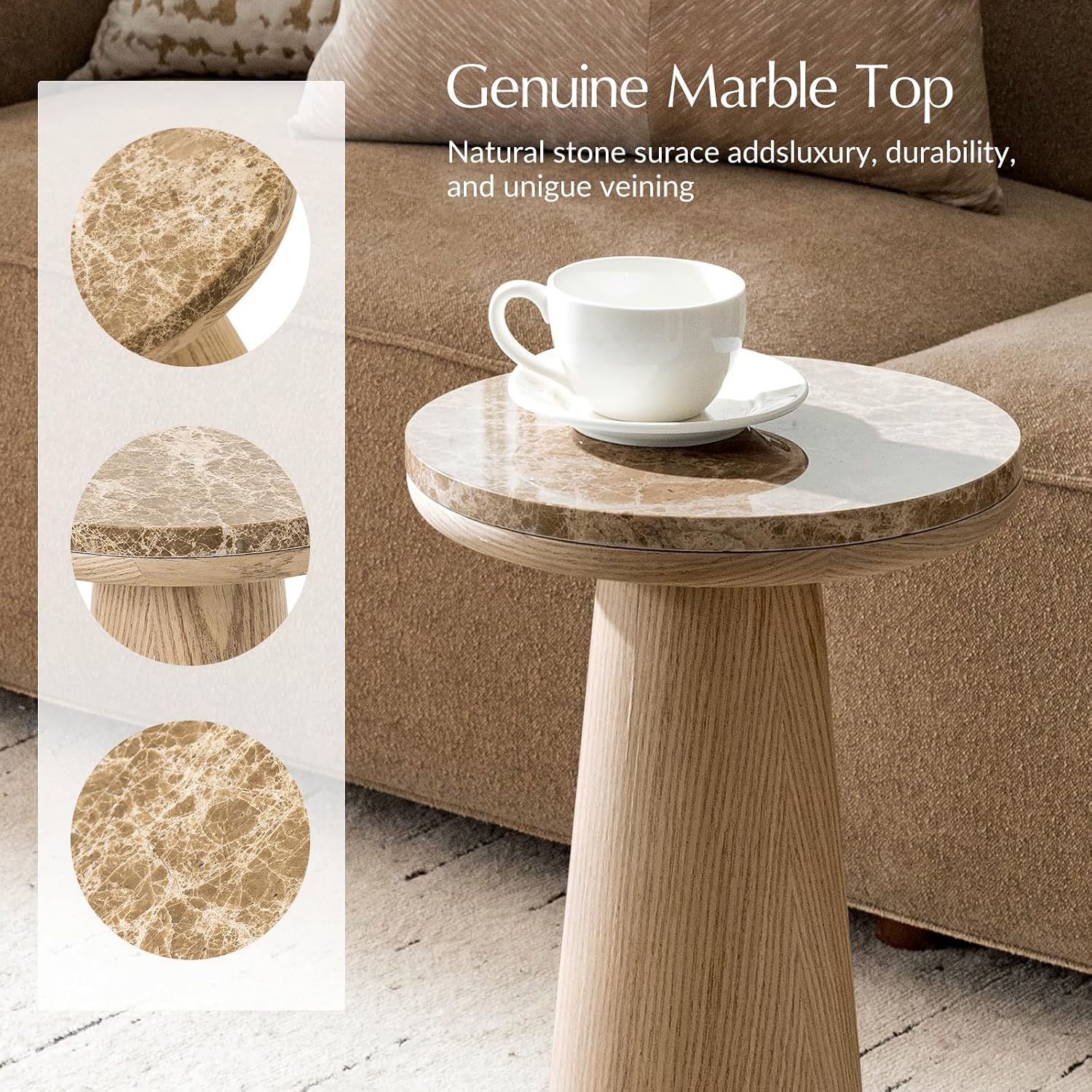 HULALA HOME Modern Round Marble Side Table, 24" High End Table with Sculptural Cone-Shaped Oak Wood Base, Genuine Stone Top Accent Table for Living Room, Bedroom, Small Spaces, Fully Assembled, Oak