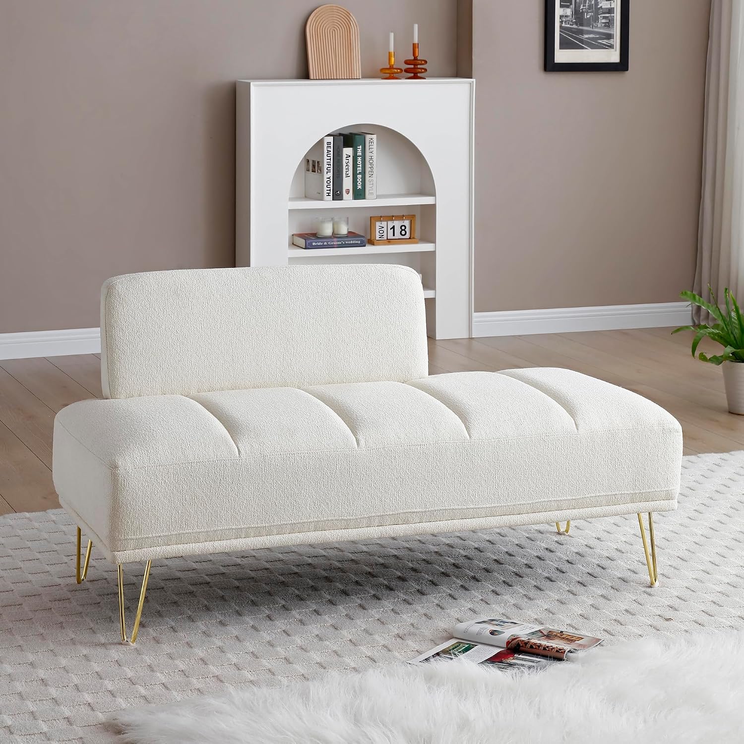 HRVEOCEI 56.3" Modern Ottoman Velvet Bench for Bedroom, Upholstered Entryway Footrest Window Bench with Backrest & Gold Metal Legs for Living Room (Beige)