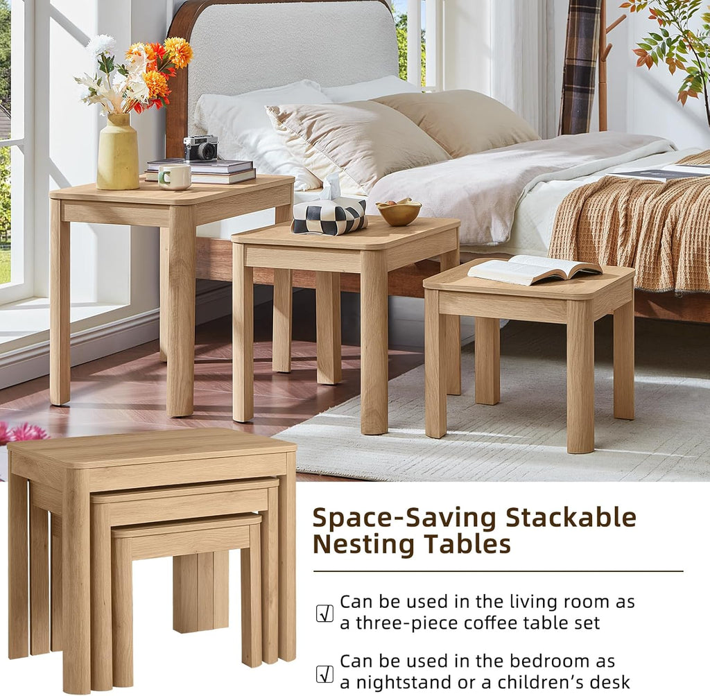 Joaxswe Farmhouse Nesting Tables Set of 3, Nesting Side Tables with Rounded Corners & 4 Thickened Table Legs, Natural Wood