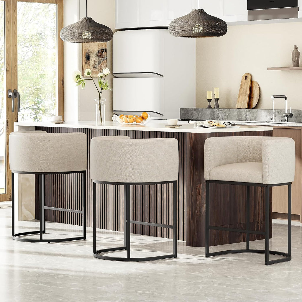 26" H Counter Height Bar Stools Set of 3, Modern Barrel Counter Stools with Backrest and Arms, Linen Fabric Upholstered Accent Barstools for Kitchen Island, Support 450 LBS, Beige