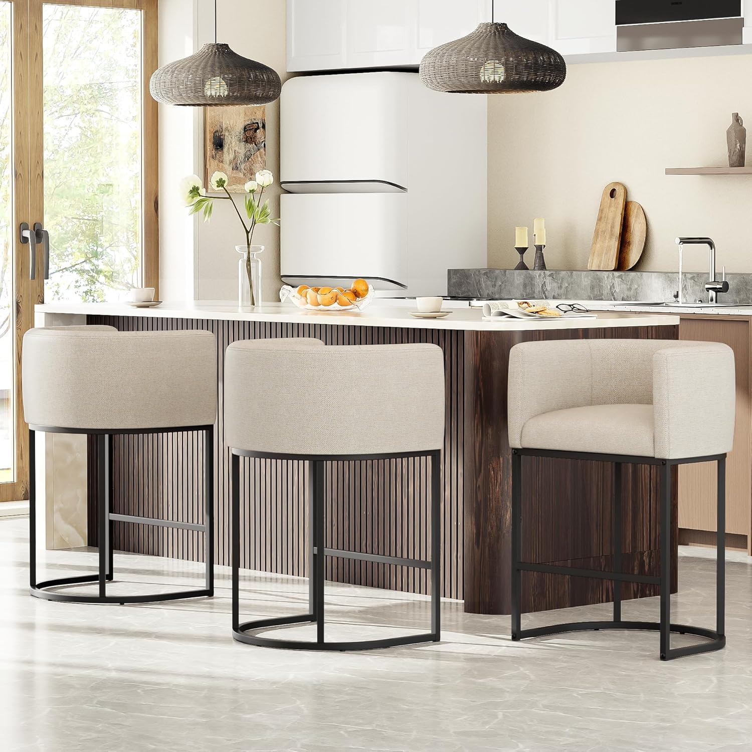 26" H Counter Height Bar Stools Set of 2, Modern Barrel Counter Stools with Backrest and Arms, Linen Fabric Upholstered Accent Barstools for Kitchen Island,Support 450 LBS (Beige)