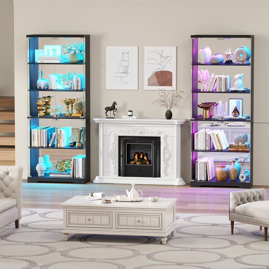 Dystler Glass Display Cabinet with Doors, 69" Tall RGB LED Curio Cabinet with 5-Tier Wooden Shelves for Collectibles, Lockable Display Case for Living Room (1, Black)