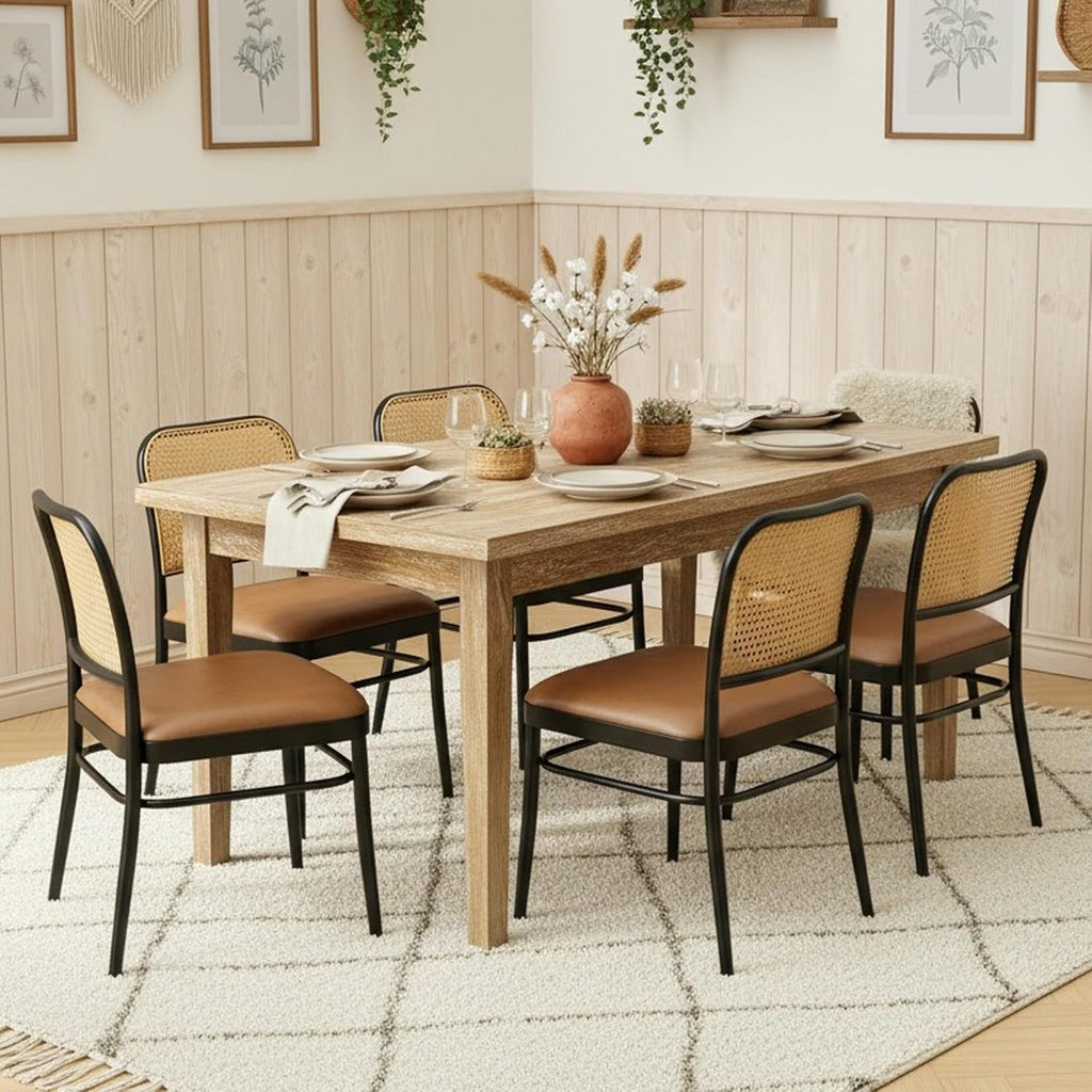 Rattan Dining Chairs Set of 6, Upholstered Faux Leather Dining Chairs with Cane Back, Mid Century Modern Kitchen & Dining Room Chairs, Boho Style, Brown