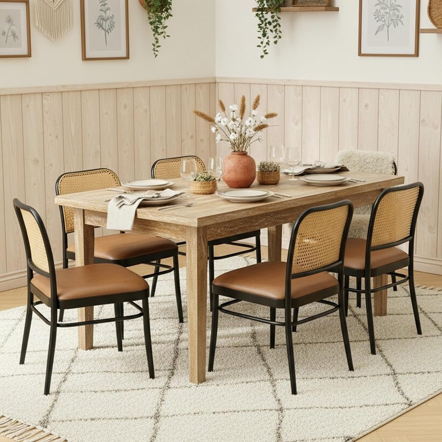 Rattan Dining Chairs Set of 6, Upholstered Faux Leather Dining Chairs with Cane Back, Mid Century Modern Kitchen & Dining Room Chairs, Boho Style, Brown