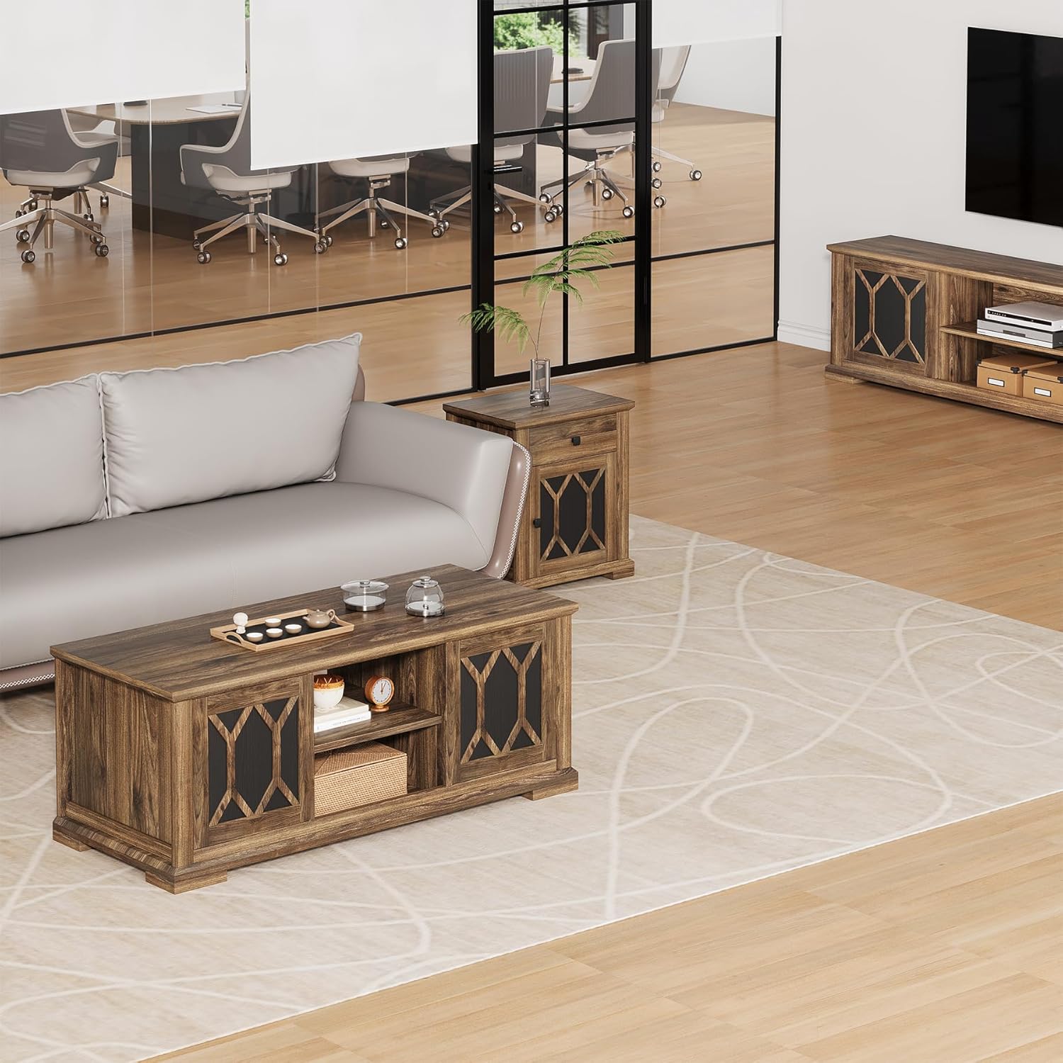 Living Room Table Sets 4 Piece Includes TV Stand, Farmhouse TV Stand for 65Inch TV, Rectangular Coffee Table with Storage, Two End Table with Drawer, Rustic Brown