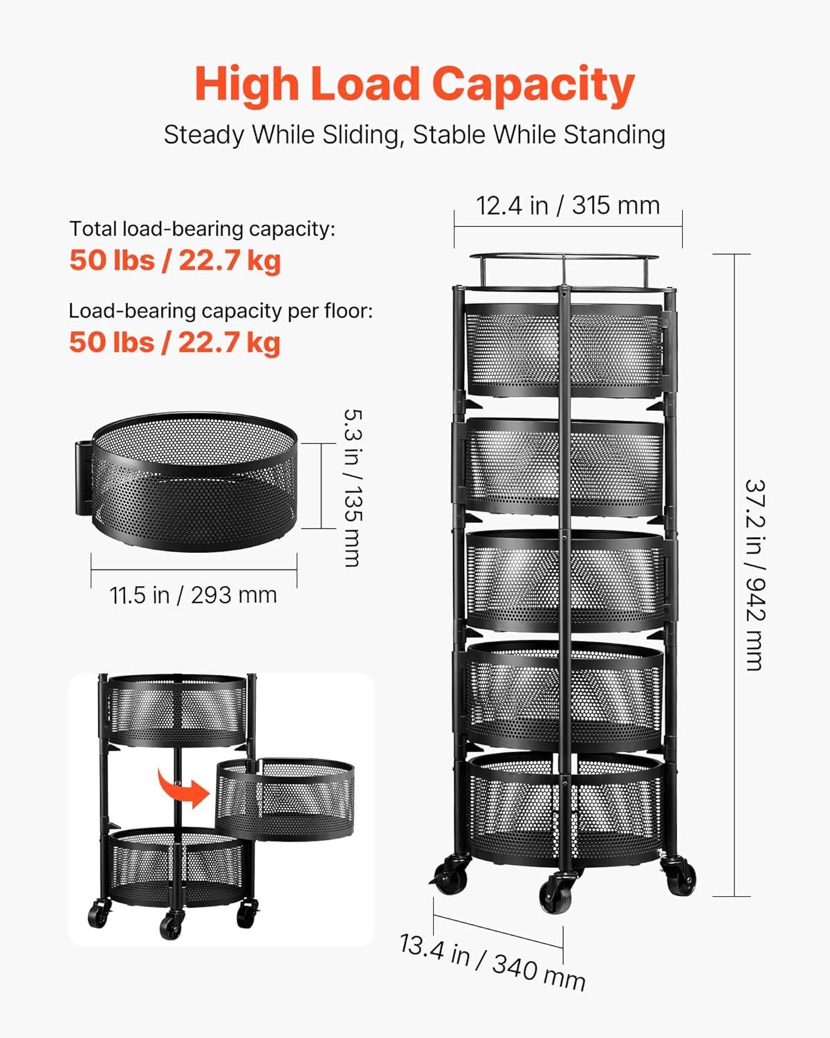 VEVOR Rotating Storage Rack Cart, 5 Tier Fruit and Vegetable Basket Bowls, Heavy Duty Wire Basket Organizer on Wheels, Large Capacity Stand with Metal Top Lid, for Kitchen Bathroom Nursery, Black