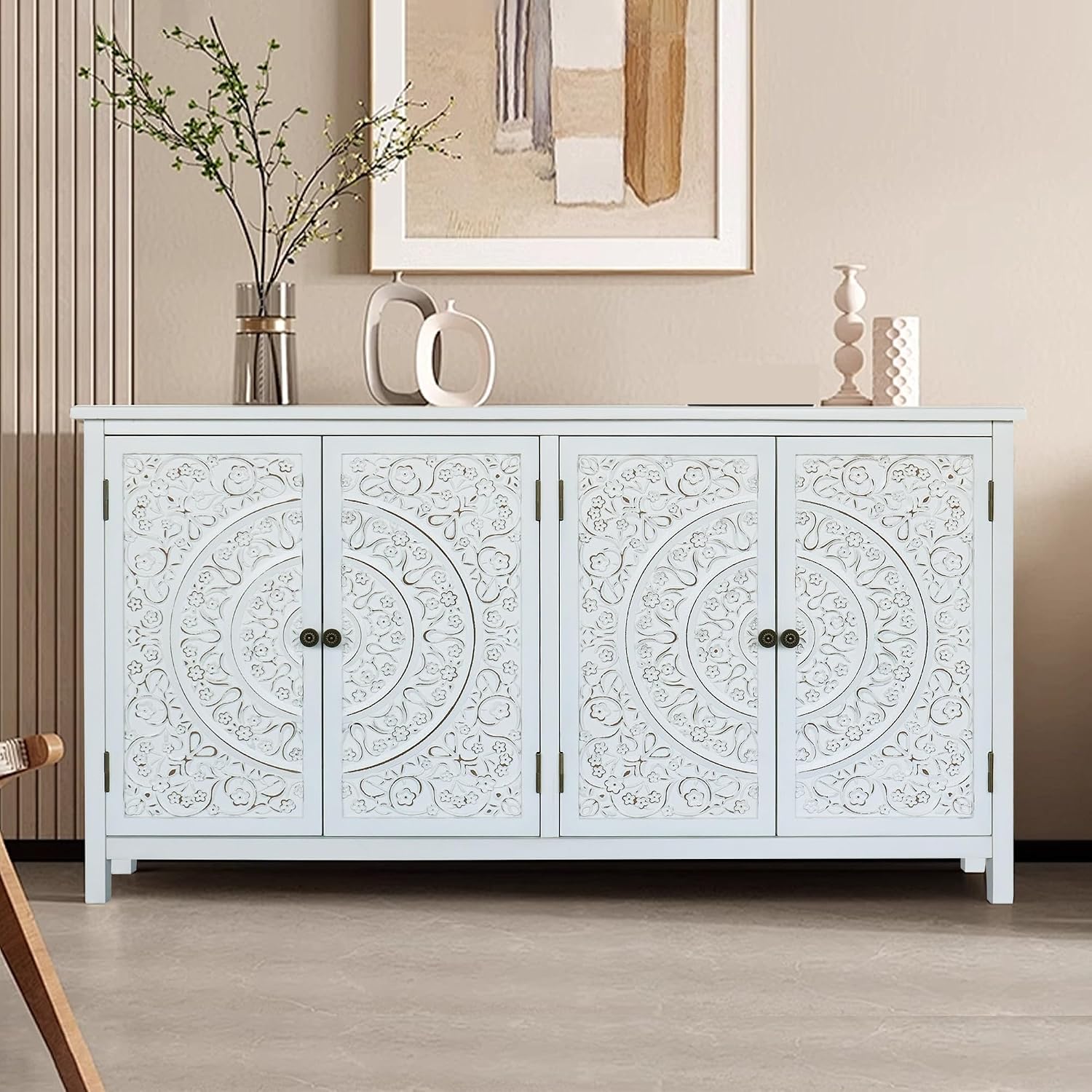 Mid-Century Accent Cabinet with 4 Doors, Rustic Sideboard Pantry Cabinet, for Home Decor,for Kitchen Home