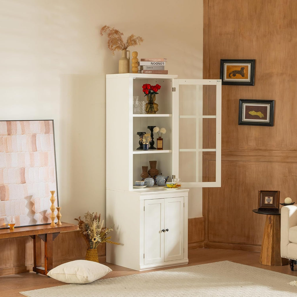 Chic 75.25'' White Freestanding Pantry Cabinet with Glass Door, Ideal for Kitchen & Living Room - Double-Action Doors for Easy Access!