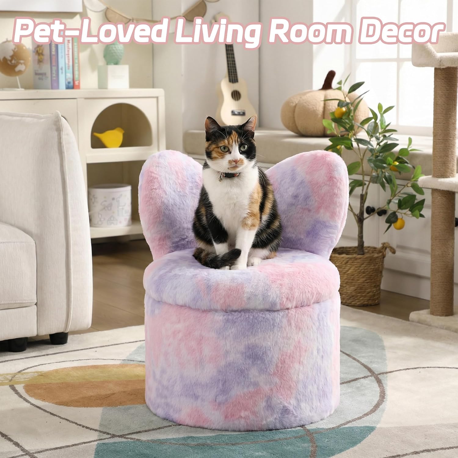 Kids Desk Chairs, Toddler Chairs Comfy Faux Fur Kids Storage Ottoman, 2 in 1 Children Stool with Storage, Butterfly Chair for Kids Girls Gifts, Storage Stool for Bedroom/Loving Room, Purple