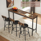 Bar Table and Chairs Set for 3, 63" L Rectangle Sofa Table with 3 PU Upholstered Stools, 4 Piece Industrial Counter Height Dining Table Set for Living Room Kitchen Restaurant, Brown