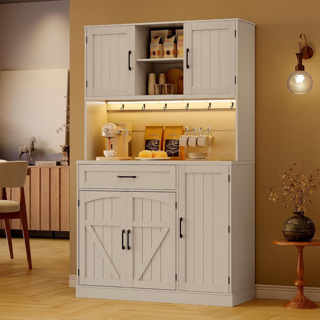 71” Tall Kitchen Pantry Cabinet with LED Light & Outlet & Drawer, Pantry Storage Cabinet with Microwave Shelf & 6 Hooks, Kitchen Hutch with Door Shelves & Adjustable Shelves, for Dining Room